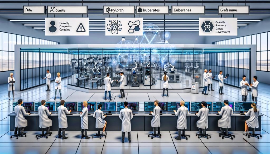 Deutsches Hightech-Labor vernetzt mit Produktionshalle: Forschende an transparenten KI-Dashboards (neuronale Netze), Ingenieur:innen mit PyTorch, Kubernetes, Grafana; Roboterarme mit Telemetrie; Logos von DFKI, Max-Planck, Fraunhofer, TUM; EU AI Act, DSGVO, Datenpipelines.