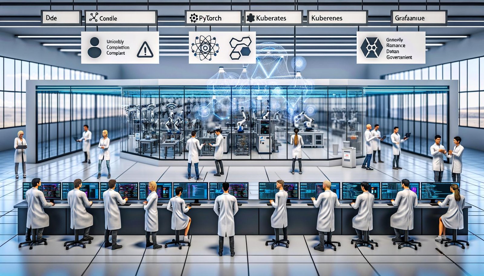 Deutsches Hightech-Labor vernetzt mit Produktionshalle: Forschende an transparenten KI-Dashboards (neuronale Netze), Ingenieur:innen mit PyTorch, Kubernetes, Grafana; Roboterarme mit Telemetrie; Logos von DFKI, Max-Planck, Fraunhofer, TUM; EU AI Act, DSGVO, Datenpipelines.