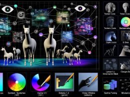 Digitale Collage der KI-Landschaft 2025: futuristischer KI-Zoo mit Modellen wie GPT‑4o, Claude 3.5, Gemini 1.5, Llama 3.1 und Mistral Large; Visualisierungen zu LLMs, multimodalen Systemen, Vision-Stacks, generativer Medienproduktion, Leistungskennzahlen (Tokenkosten, Kontextfenster, Latenz), Datenflüssen mit Vektordatenbanken, RAG vs. Fine‑Tuning, Agenten sowie Datenschutz (GDPR) und SEO/Marketing-Use-Cases.