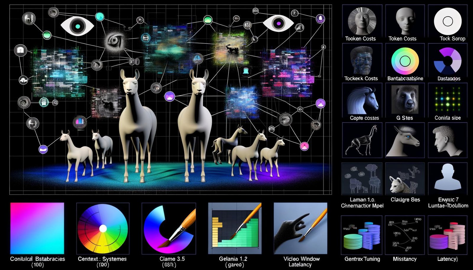 Digitale Collage der KI-Landschaft 2025: futuristischer KI-Zoo mit Modellen wie GPT‑4o, Claude 3.5, Gemini 1.5, Llama 3.1 und Mistral Large; Visualisierungen zu LLMs, multimodalen Systemen, Vision-Stacks, generativer Medienproduktion, Leistungskennzahlen (Tokenkosten, Kontextfenster, Latenz), Datenflüssen mit Vektordatenbanken, RAG vs. Fine‑Tuning, Agenten sowie Datenschutz (GDPR) und SEO/Marketing-Use-Cases.