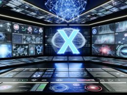 Futuristischer Kontrollraum mit holografischen Bildschirmen, Social-Graph-Netzwerken, Echtzeit-Daten, KI-Visualisierungen und einem leuchtenden X-Logo.