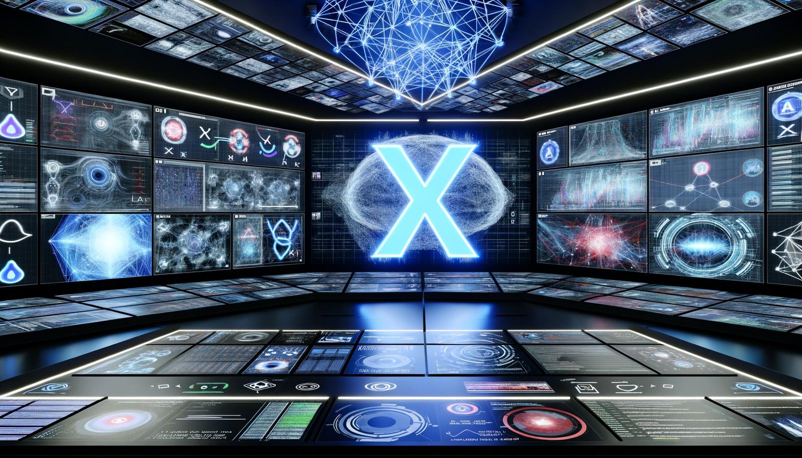 Futuristischer Kontrollraum mit holografischen Bildschirmen, Social-Graph-Netzwerken, Echtzeit-Daten, KI-Visualisierungen und einem leuchtenden X-Logo.