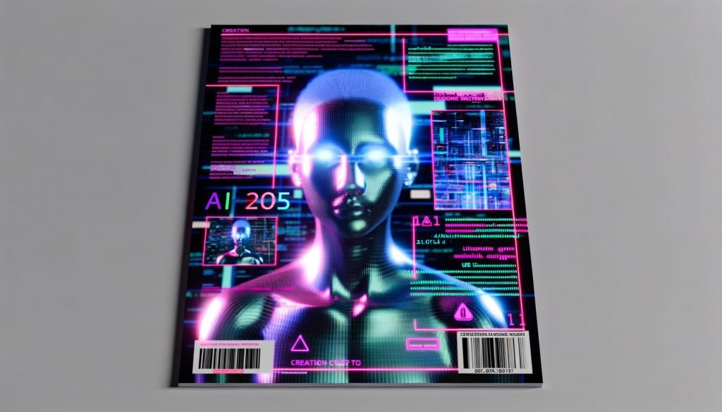 Modernes Magazin-Cover mit lebensnahem, geschlechtsneutralem digitalen Avatar im neonfarbenen Licht, umgeben von Code-Strömen, Datenfragmenten und Server-Silhouetten; Overlays zu Wasserzeichen, Altersprüfung und Warnhinweisen; Headline „AI Porn 2025 – Wie KI Erotik neu definiert“.