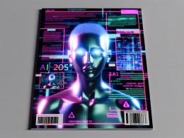 Modernes Magazin-Cover mit lebensnahem, geschlechtsneutralem digitalen Avatar im neonfarbenen Licht, umgeben von Code-Strömen, Datenfragmenten und Server-Silhouetten; Overlays zu Wasserzeichen, Altersprüfung und Warnhinweisen; Headline „AI Porn 2025 – Wie KI Erotik neu definiert“.