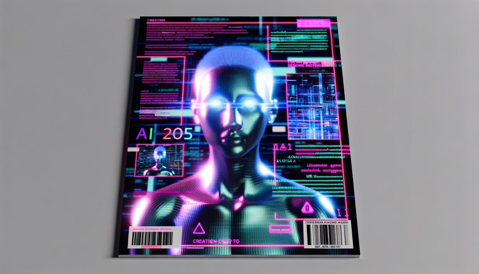 Modernes Magazin-Cover mit lebensnahem, geschlechtsneutralem digitalen Avatar im neonfarbenen Licht, umgeben von Code-Strömen, Datenfragmenten und Server-Silhouetten; Overlays zu Wasserzeichen, Altersprüfung und Warnhinweisen; Headline „AI Porn 2025 – Wie KI Erotik neu definiert“.