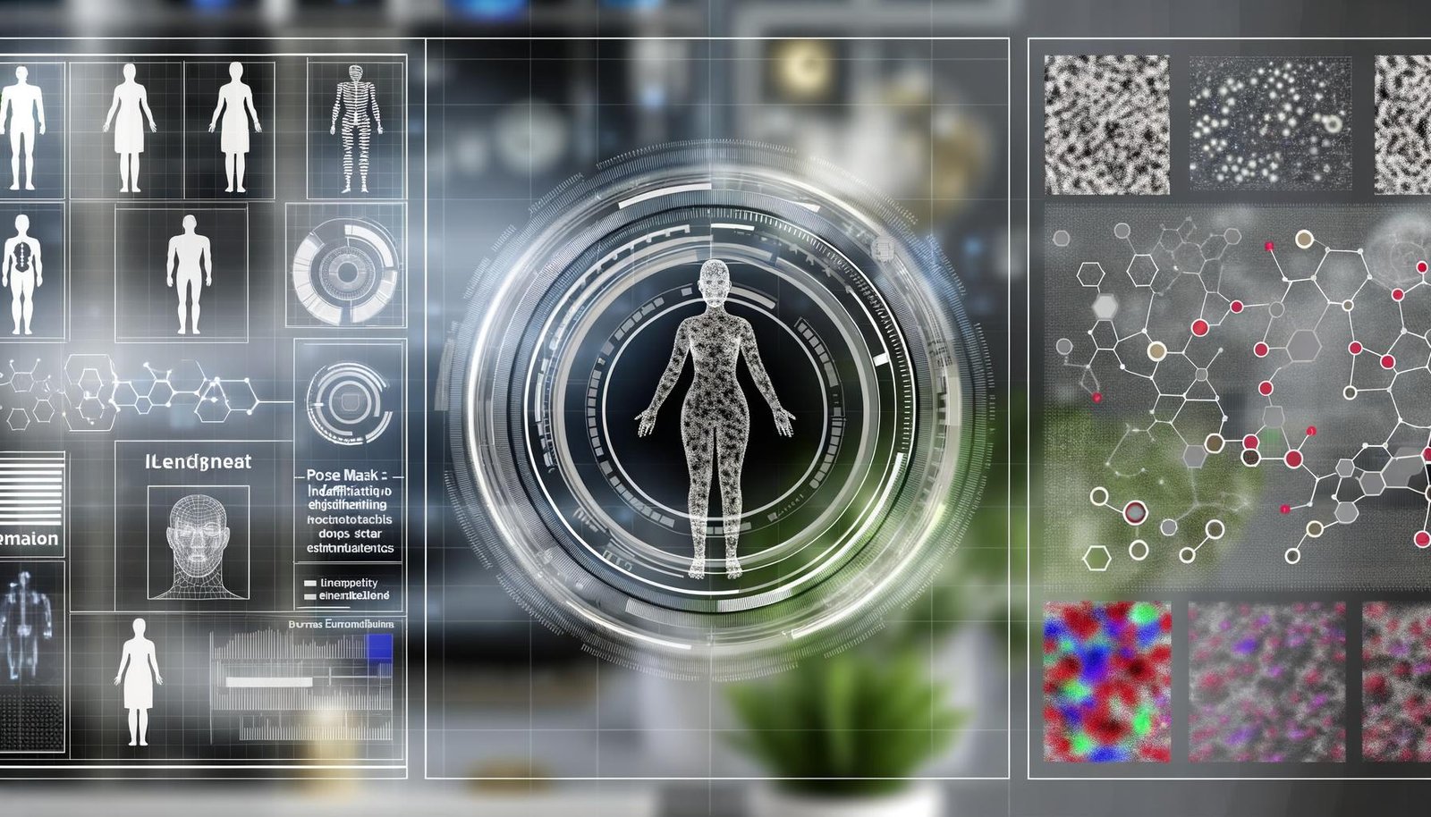 Moderne Illustration der Funktionsweise von Undress AI: Silhouette mit Überlagerungen aus Segmentierung, Masken und Pose-Estimation; Diffusionsrauschen wird zu Texturen, flankiert von Code und CLIP-Graphen; keine Nacktheit.