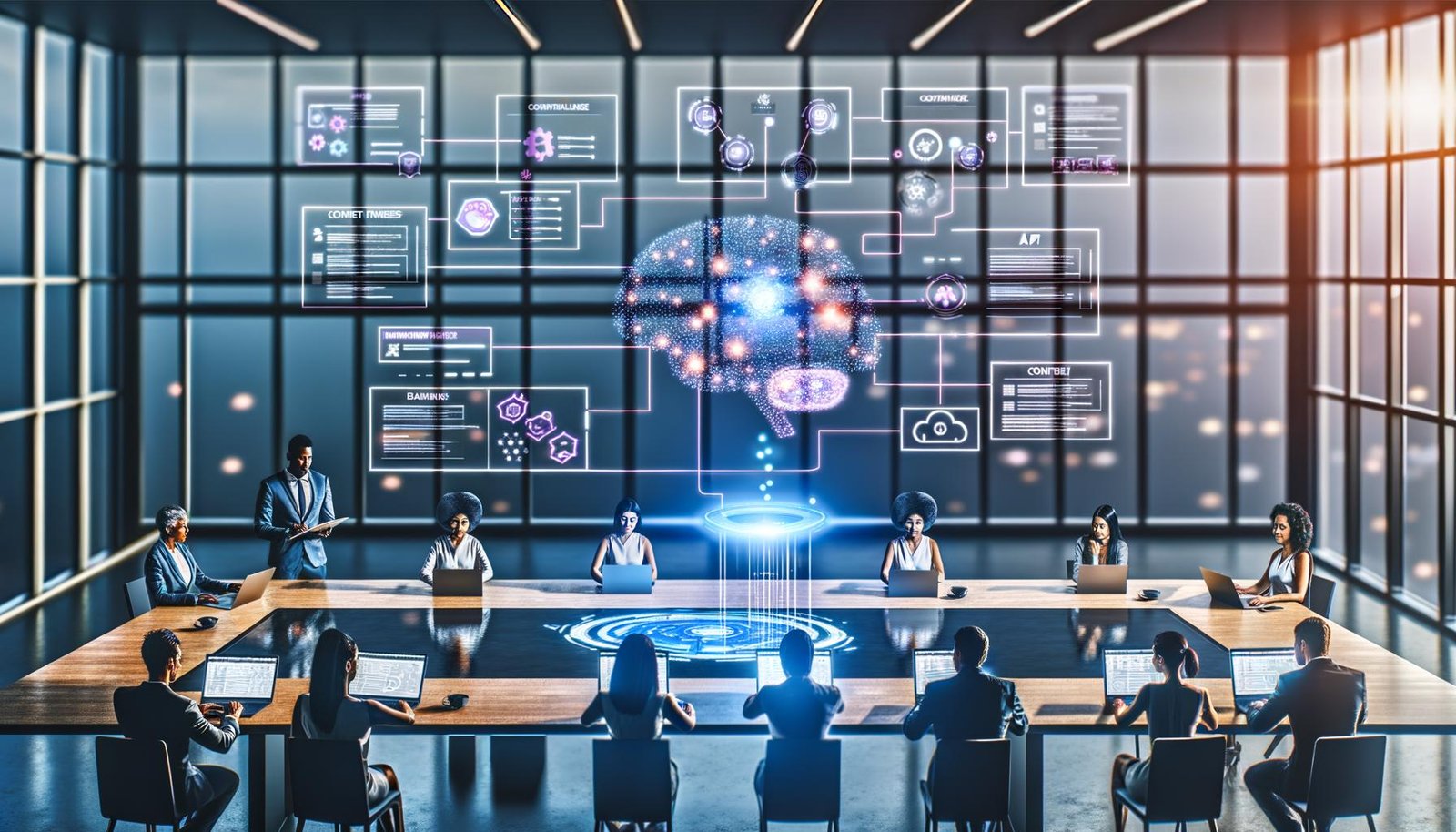 Modernes, futuristisches Büro: diverses Marketing- und Managementteam kollaboriert an einem großen Touchscreen-Tisch mit Flowcharts, KPI-Dashboards, AI-Prompts und zentraler Visualisierung von Claude AI; im Hintergrund Compliance-Checklisten, API-Diagramme und Code.