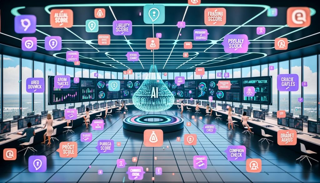 Digitale Marketing-Umgebung mit AI Detector, der Textströme prüft und flaggt; ROC-Kurven, Präzision/Recall, Konfusionsmatrix; editorische Korrektur, Stylometrie-Check, EU AI Act-Schild.