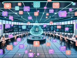 Digitale Marketing-Umgebung mit AI Detector, der Textströme prüft und flaggt; ROC-Kurven, Präzision/Recall, Konfusionsmatrix; editorische Korrektur, Stylometrie-Check, EU AI Act-Schild.