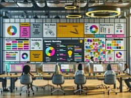 Marketingteam an großem Tisch; Monitore mit markentreuen Visuals und Leonardo-AI-Workflow; Post-its und Moodboards im Hintergrund.