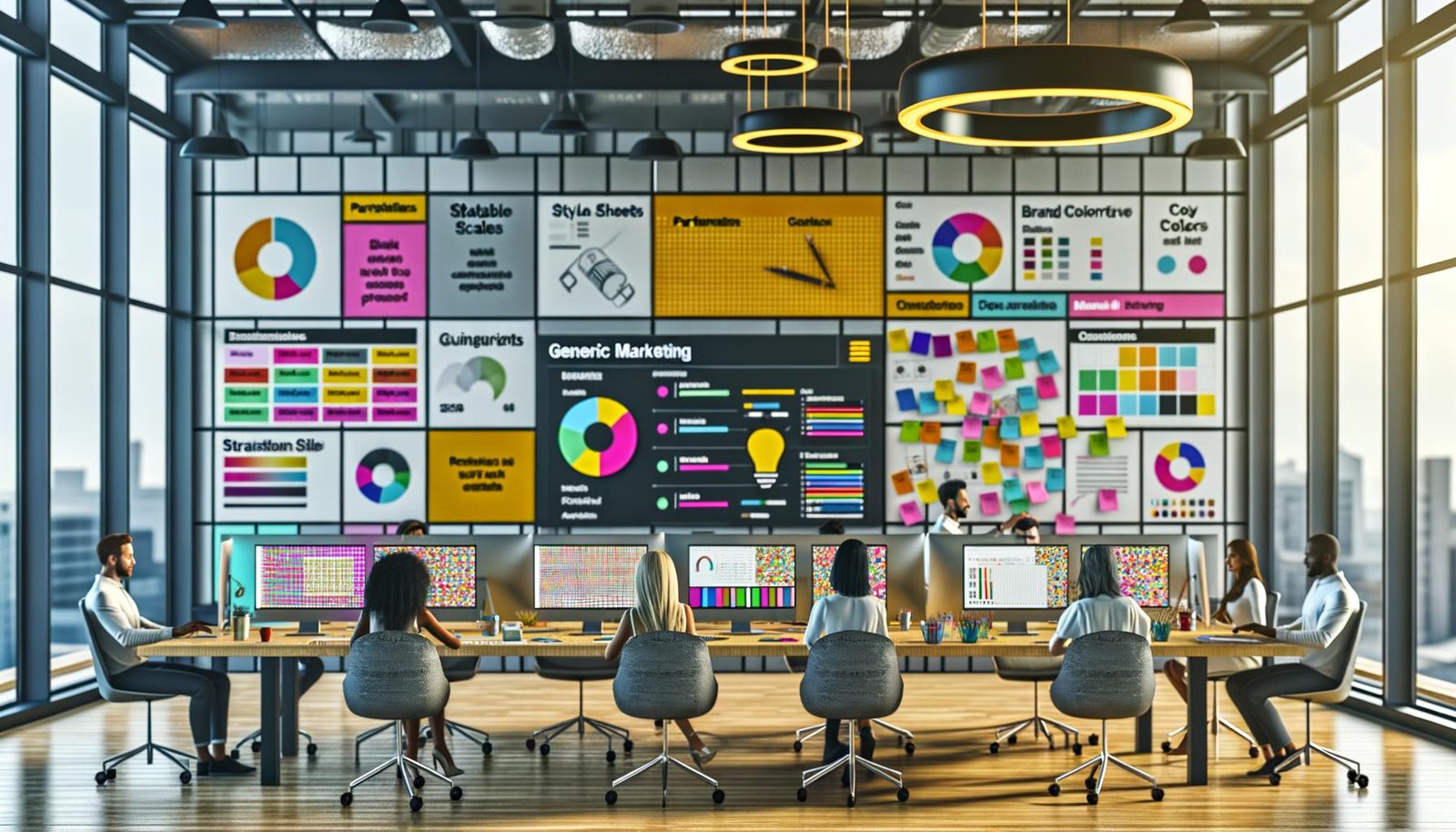 Marketingteam an großem Tisch; Monitore mit markentreuen Visuals und Leonardo-AI-Workflow; Post-its und Moodboards im Hintergrund.