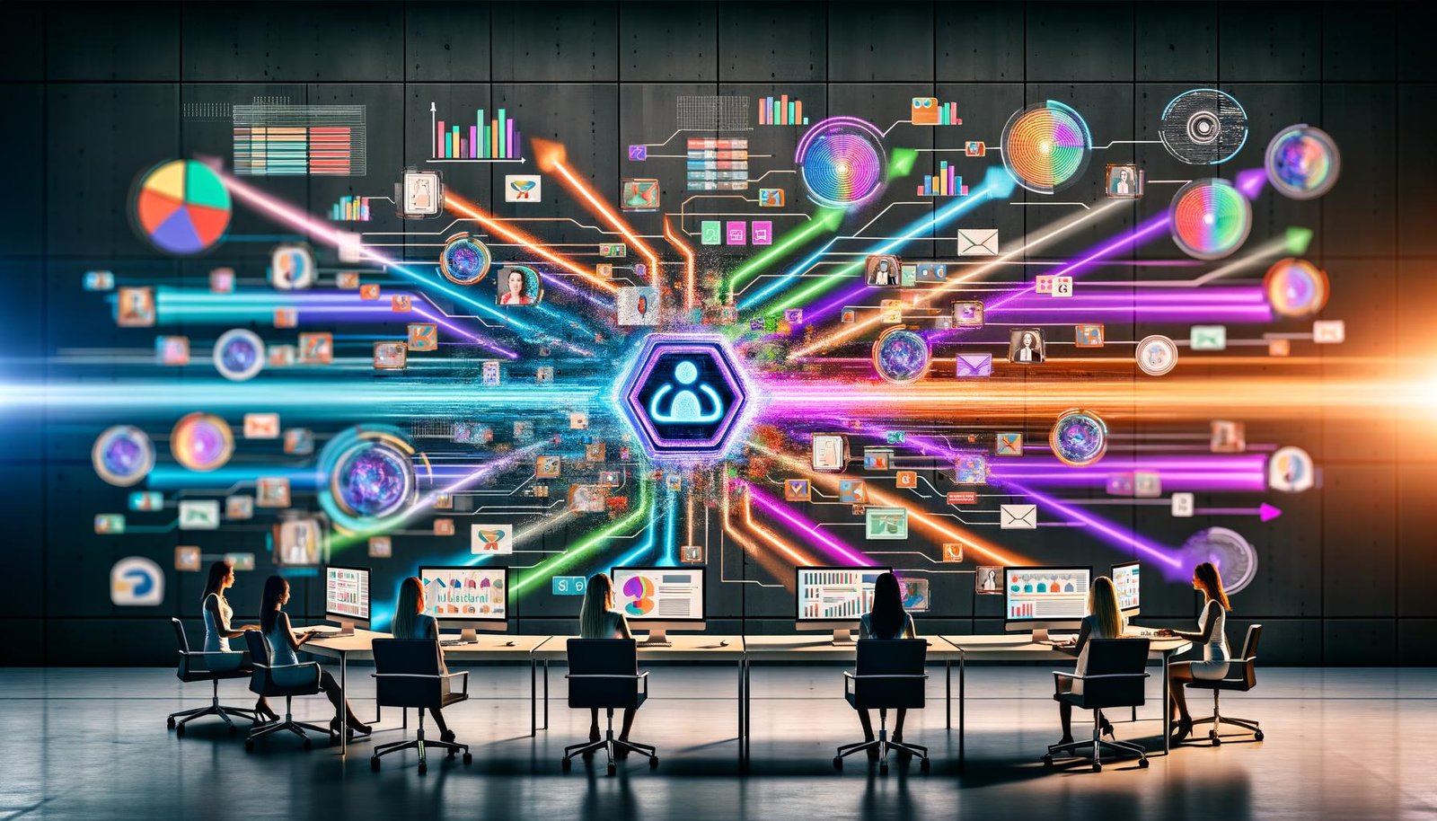 Futuristische Büroaufnahme eines modernen Marketing-Teams an großem Tisch mit Laptops, Monitoren und Tablets; farbige Datenstreams, Google BigQuery, Vertex AI und Ads-Schnittstellen; schwebendes Gemini AI-Symbol verbindet Text-, Bild-, Audio- und Videoelemente; im Hintergrund SEO-Grafen, Kampagnen, mehrsprachige Dialogblasen, Produktbilder und Code; Hinweise auf Compliance, Datenschutz und Messung.