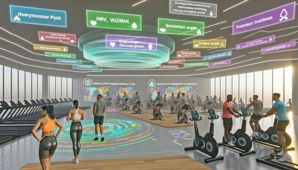 Futuristisches Fitnessstudio mit diversen Sportlerinnen und Sportlern beim Krafttraining, Radfahren und Laufen; transparente Hologramme zeigen HRV, VO2max, Bewegungswinkel, Proteinaufnahme und Reps‑in‑Reserve; Wearables senden Daten an einen leuchtenden KI‑Hub; große Displays mit adaptiven Trainingsplänen; Pose‑Tracking‑Overlays und Datenschutz‑Schilde.