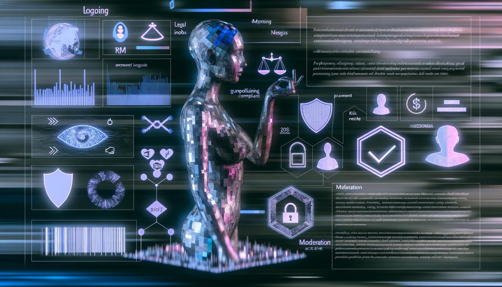 Abstrakte Silhouette einer geschlechtsneutralen, digitalen Figur aus glitzernden Glitch-Pixeln und glatten Polygonen; dahinter wirbelnde Datenströme, neuronale Diagramme und Icons: Waage, Schild, Fingerabdruck, Kreditkarten‑Chip, Blocksymbol, Häkchen; kühles Studio mit „404“, „Synthetic“ und „NSFW Moderation Active“.