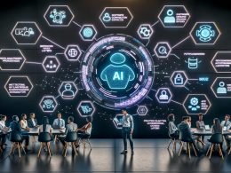 Futuristisches Büro mit diversen Profis an holografischen Interfaces; digitaler KI‑Assistent visualisiert Wachstumskennzahlen, Omnichannel‑Kommunikation und sichere Architektur mit Schilden, Compliance‑Häkchen, Vektor‑Datenbank und Tool‑Integrationen.