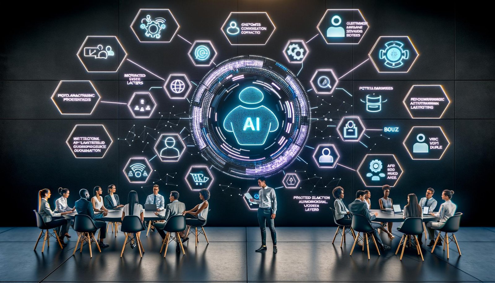 Futuristisches Büro mit diversen Profis an holografischen Interfaces; digitaler KI‑Assistent visualisiert Wachstumskennzahlen, Omnichannel‑Kommunikation und sichere Architektur mit Schilden, Compliance‑Häkchen, Vektor‑Datenbank und Tool‑Integrationen.