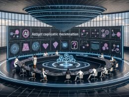 Moderner, hochtechnischer Kontrollraum mit großen digitalen Bildschirmen voller Datenvisualisierungen, KI-Ablaufdiagrammen und Compliance-Checklisten; in der Mitte arbeitet ein diverses Team aus Technik, Recht und Marketing an einem holografischen Tisch mit Symbolen für Generative KI, NSFW-Erkennung, Zahlungssicherheit und personalisierte Empfehlungen; subtile, abstrakte Anspielungen auf die Erwachsenenbranche.