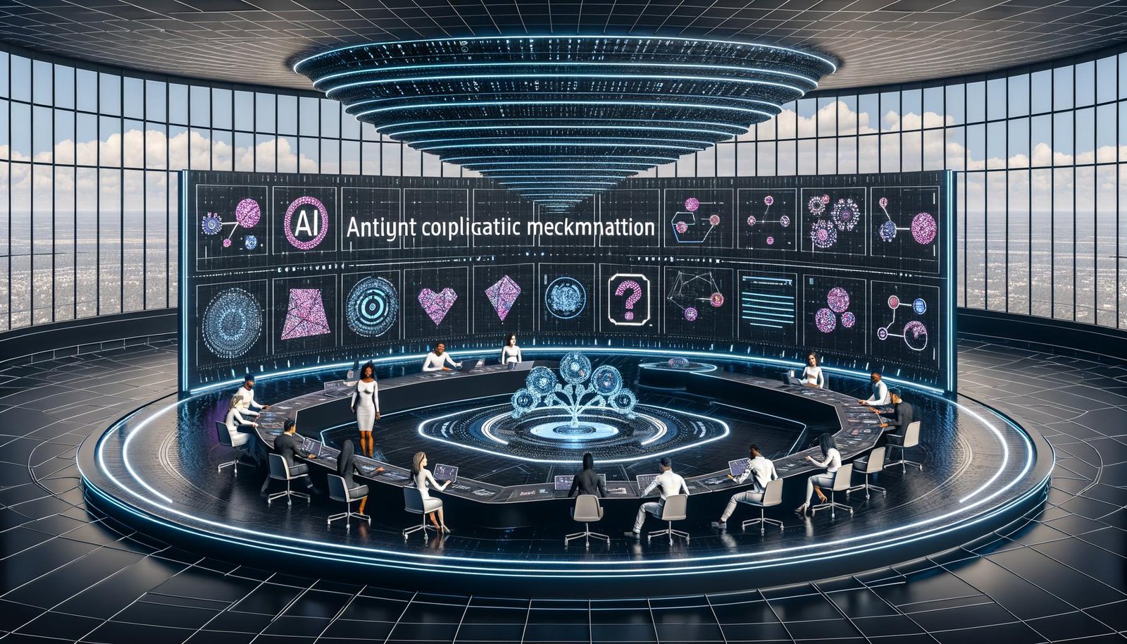 Moderner, hochtechnischer Kontrollraum mit großen digitalen Bildschirmen voller Datenvisualisierungen, KI-Ablaufdiagrammen und Compliance-Checklisten; in der Mitte arbeitet ein diverses Team aus Technik, Recht und Marketing an einem holografischen Tisch mit Symbolen für Generative KI, NSFW-Erkennung, Zahlungssicherheit und personalisierte Empfehlungen; subtile, abstrakte Anspielungen auf die Erwachsenenbranche.