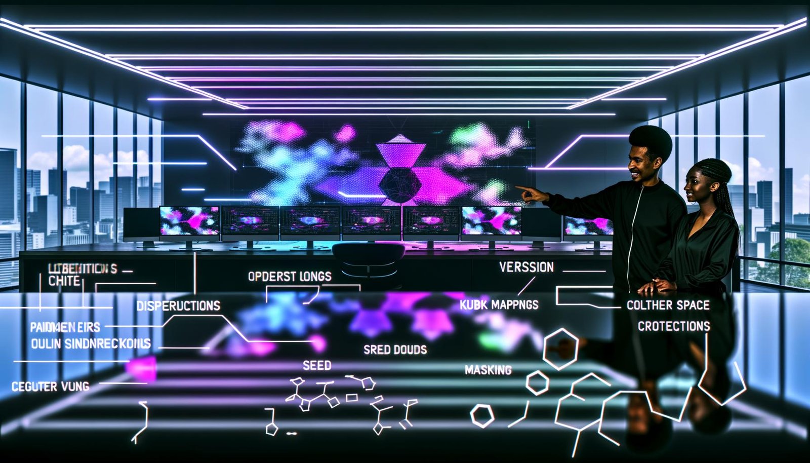 Futuristischer Studio-Arbeitsplatz mit ultrabreiten Monitoren, die lebendige KI-generierte Bilder, animierte Konzeptboards und Motion Graphics zeigen. Mehrere Designer deuten auf schwebende Interface-Overlays mit Prompt-Engineering-Sprache, Maskenwerkzeugen, Control Maps und Inpainting-Reglern. Im Hintergrund abstrakte digitale Motive wie Diffusionswolken, Transformer-Linien und Latent-Space-Netze sowie Produktionsdetails mit Versionstags, Seed-Nummern, WebP/PNG/TIFF-Icons und Farbmanagement-Charts.