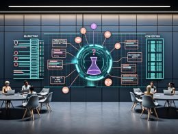 Modernes Büro mit Echtzeit-Marketing-Dashboard; holografischer KI-Chat-Verlauf zeigt Produktempfehlung, Lead-Qualifizierung und Sofortbuchung; Icons für Website, App, WhatsApp und CRM; RAG, Vektordatenbanken und Datenschutzsymbole.