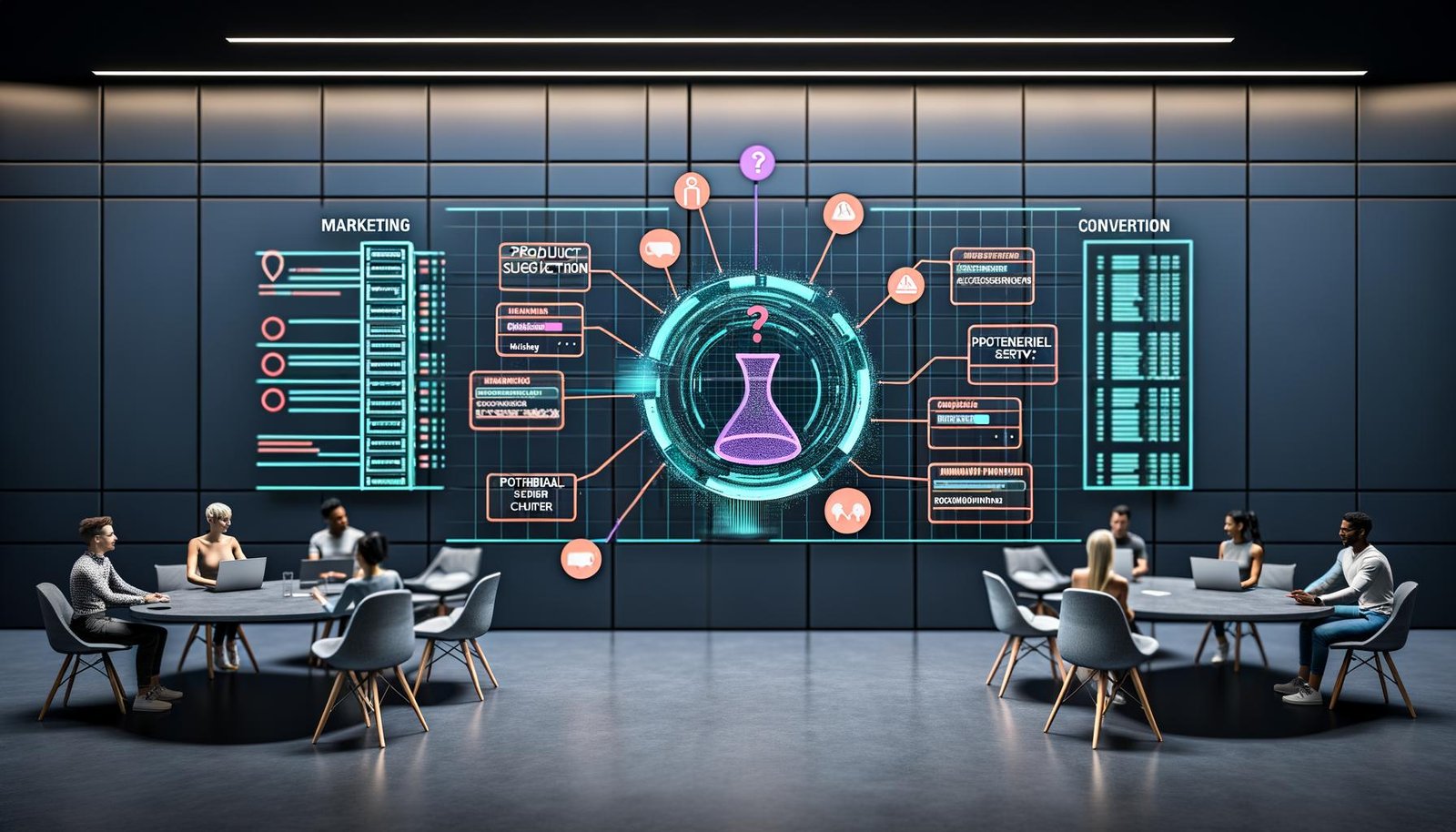 Modernes Büro mit Echtzeit-Marketing-Dashboard; holografischer KI-Chat-Verlauf zeigt Produktempfehlung, Lead-Qualifizierung und Sofortbuchung; Icons für Website, App, WhatsApp und CRM; RAG, Vektordatenbanken und Datenschutzsymbole.