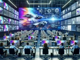 Futuristisches KI-Produktionsstudio mit großen Bildschirmen voller variierender, hyperrealer Videospots; Team an modernen UIs; halbtransparente KI als Dirigent; sichtbare Logos, CI und Storyboards; Code, API-Connectors und Datenströme im Hintergrund.