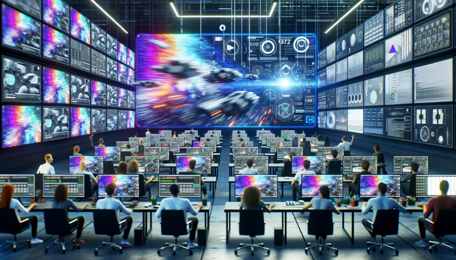 Futuristisches KI-Produktionsstudio mit großen Bildschirmen voller variierender, hyperrealer Videospots; Team an modernen UIs; halbtransparente KI als Dirigent; sichtbare Logos, CI und Storyboards; Code, API-Connectors und Datenströme im Hintergrund.