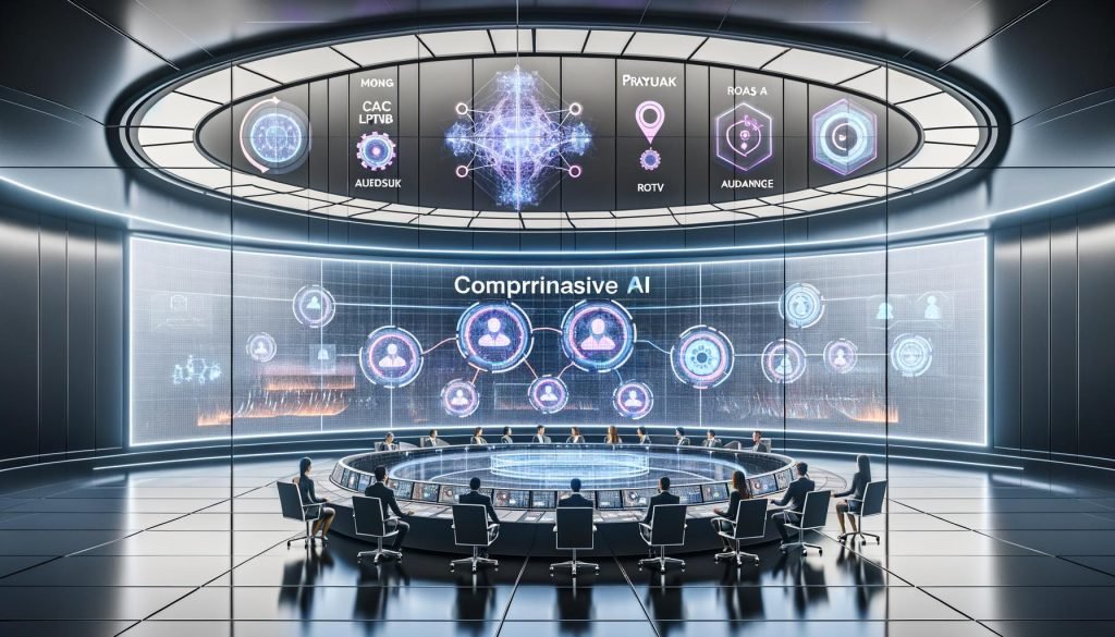 Futuristischer Kontrollraum mit transparenten digitalen Dashboards; Marketing- und Tech-Team vor gebogenem Screen mit neuronalen Netzen, Datenpipelines, autonomen Agenten, ML-Modellen, Vektor-Datenbanken und Echtzeitanalysen; Compliance-Symbole (EU AI Act, Privacy, Audit) neben KPIs CAC, LTV, ROAS.