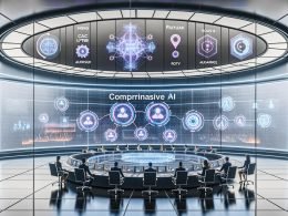 Futuristischer Kontrollraum mit transparenten digitalen Dashboards; Marketing- und Tech-Team vor gebogenem Screen mit neuronalen Netzen, Datenpipelines, autonomen Agenten, ML-Modellen, Vektor-Datenbanken und Echtzeitanalysen; Compliance-Symbole (EU AI Act, Privacy, Audit) neben KPIs CAC, LTV, ROAS.