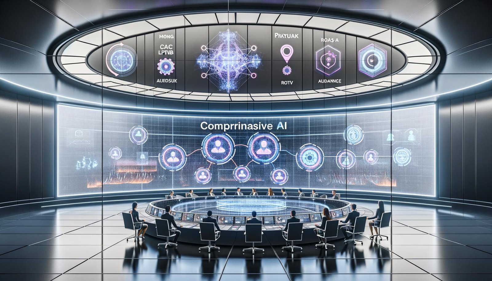 Futuristischer Kontrollraum mit transparenten digitalen Dashboards; Marketing- und Tech-Team vor gebogenem Screen mit neuronalen Netzen, Datenpipelines, autonomen Agenten, ML-Modellen, Vektor-Datenbanken und Echtzeitanalysen; Compliance-Symbole (EU AI Act, Privacy, Audit) neben KPIs CAC, LTV, ROAS.