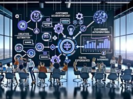 Marketingteam arbeitet an holografischen Dashboards eines mehrschichtigen MarTech-Stacks; Echtzeit-KPIs zu CAC, Conversion, Token-Kosten und Compliance sowie Datenpipelines, Vektor-Datenbanken, KI-Assistent und dynamische Personalisierung sichtbar.