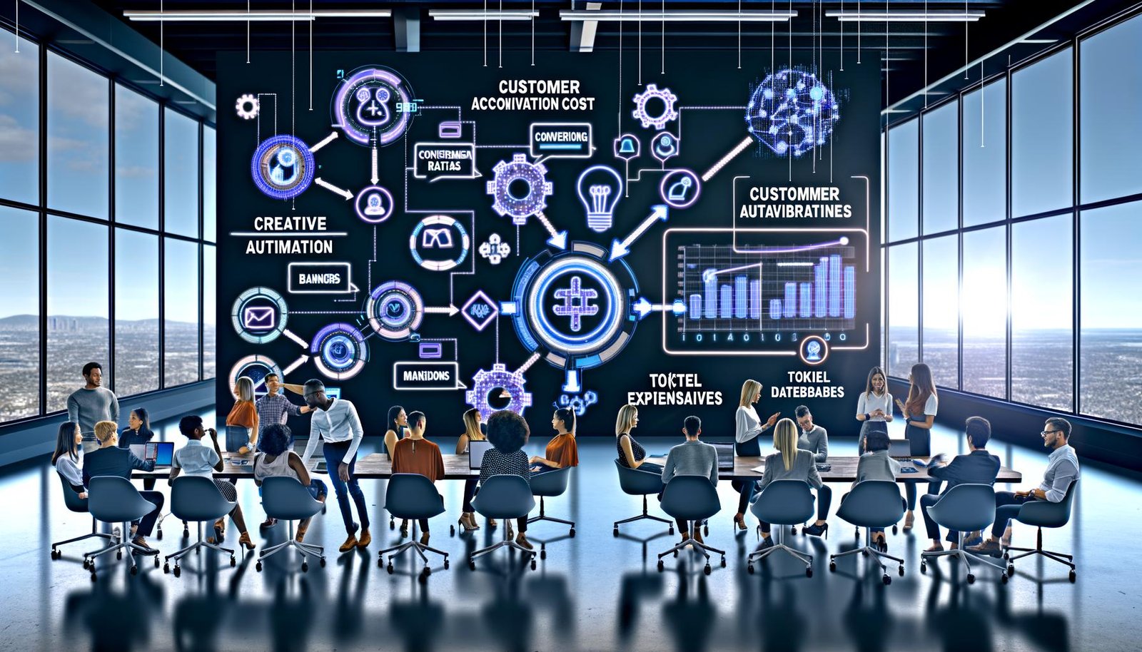 Marketingteam arbeitet an holografischen Dashboards eines mehrschichtigen MarTech-Stacks; Echtzeit-KPIs zu CAC, Conversion, Token-Kosten und Compliance sowie Datenpipelines, Vektor-Datenbanken, KI-Assistent und dynamische Personalisierung sichtbar.