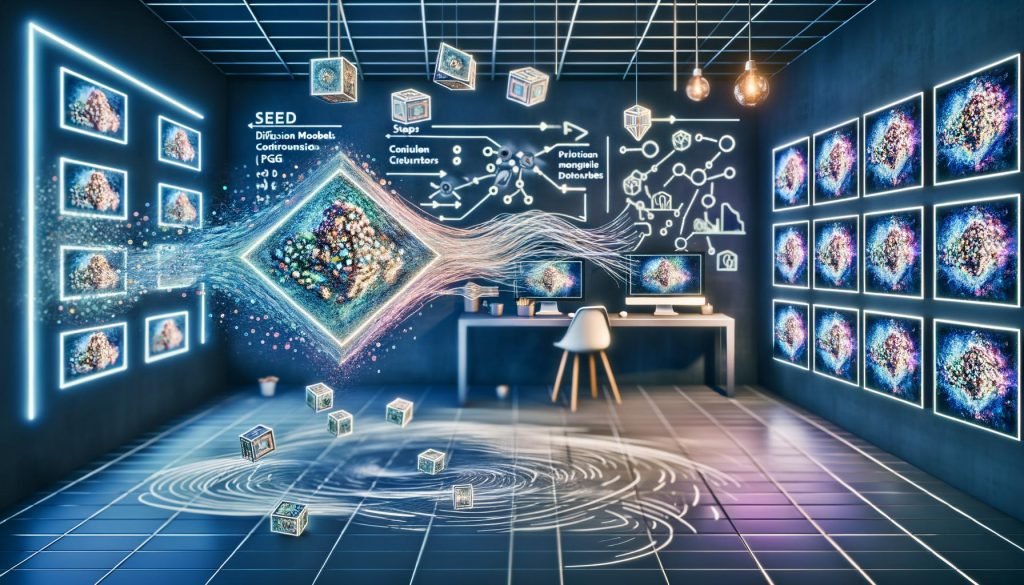 Modernes digitales Künstleratelier mit mehreren Monitoren, die KI-generierte Kunst, Code, Prompts und Parameter-Regler (Seed, Steps, CFG) zeigen; schwebendes Diagramm eines neuronalen Netzwerks neben Symbolen für Diffusionsmodelle, Text-Encoder und GPUs; visuelle Pipeline vom pixeligen Rauschen zum fotorealistischen Bild; Moodboard wandelt sich in geordnete digitale Assets; blau-elektrische Palette mit warmen Akzenten.