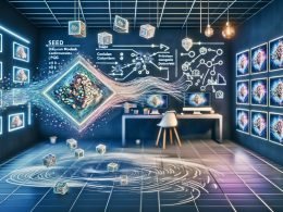 Modernes digitales Künstleratelier mit mehreren Monitoren, die KI-generierte Kunst, Code, Prompts und Parameter-Regler (Seed, Steps, CFG) zeigen; schwebendes Diagramm eines neuronalen Netzwerks neben Symbolen für Diffusionsmodelle, Text-Encoder und GPUs; visuelle Pipeline vom pixeligen Rauschen zum fotorealistischen Bild; Moodboard wandelt sich in geordnete digitale Assets; blau-elektrische Palette mit warmen Akzenten.