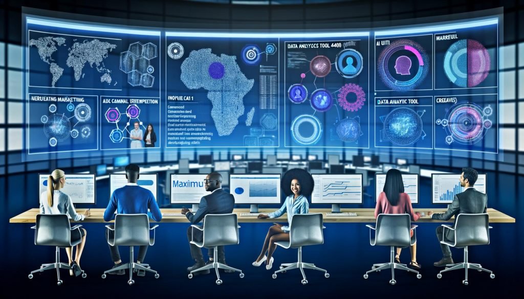 Futuristischer Marketing-Kontrollraum mit transparenten Bildschirmen voller Echtzeitdaten und Kreativ-Assets; Team verbindet Google AI, Vertex AI, GA4 und Performance Max.
