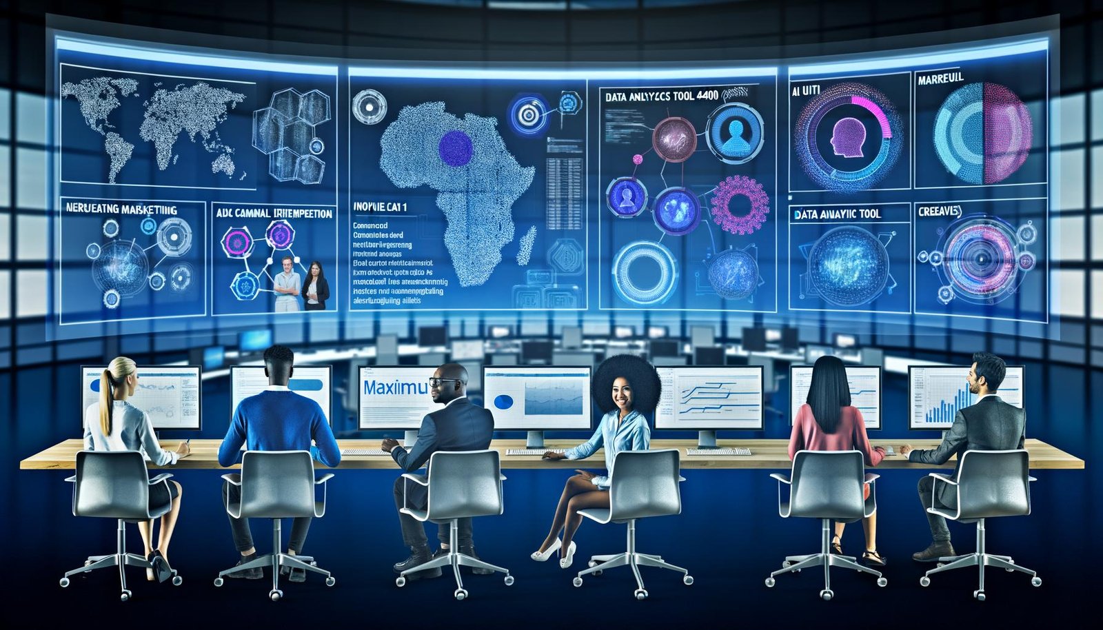 Futuristischer Marketing-Kontrollraum mit transparenten Bildschirmen voller Echtzeitdaten und Kreativ-Assets; Team verbindet Google AI, Vertex AI, GA4 und Performance Max.