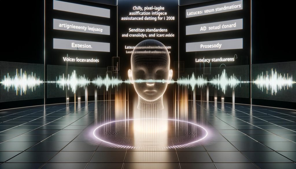 Futuristischer Kontrollraum mit Glasbildschirmen und holografischen Audiowellen; Kopf-Lautsprecher strahlt warmes Licht; Code sowie Voice-, Ethik- und Latenz-Icons; Split-Screen: 2008er Roboter neben expressiver KI-Voice-Persona; TTS, LLM, SSML, Prosodie.