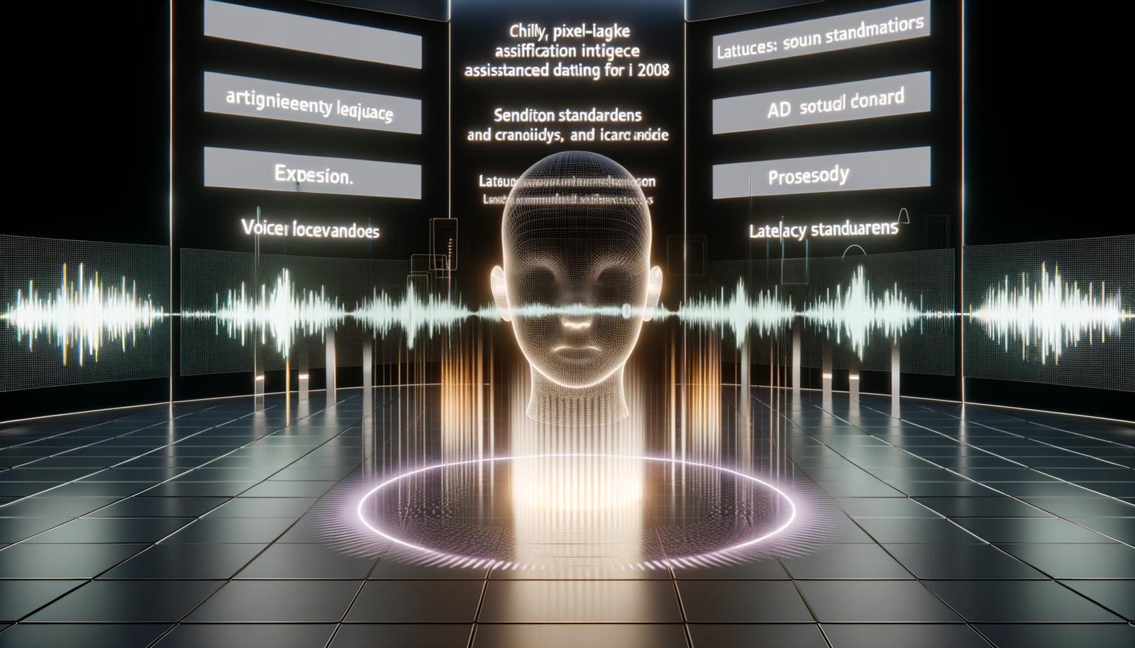 Futuristischer Kontrollraum mit Glasbildschirmen und holografischen Audiowellen; Kopf-Lautsprecher strahlt warmes Licht; Code sowie Voice-, Ethik- und Latenz-Icons; Split-Screen: 2008er Roboter neben expressiver KI-Voice-Persona; TTS, LLM, SSML, Prosodie.