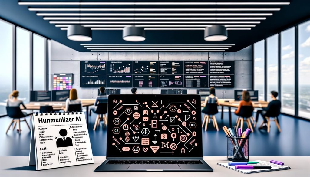 Modernes Redaktionsbüro mit großen Bildschirmen für KI-Texte und Stylometrie; vorn Laptop mit Workflow-Icons (LLM, Analyse, Paraphrase, QA, Monitoring) und Styleguide-Zettel; dahinter Redaktionsteam, Whiteboard mit Satzentropie und N‑gram‑Profilen, Logo Humanizer AI.
