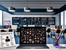 Modernes Redaktionsbüro mit großen Bildschirmen für KI-Texte und Stylometrie; vorn Laptop mit Workflow-Icons (LLM, Analyse, Paraphrase, QA, Monitoring) und Styleguide-Zettel; dahinter Redaktionsteam, Whiteboard mit Satzentropie und N‑gram‑Profilen, Logo Humanizer AI.