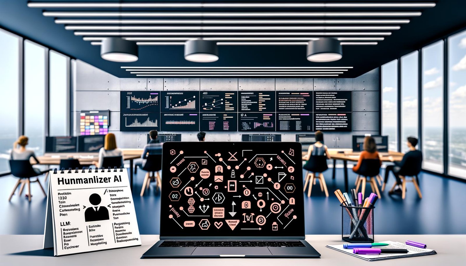 Modernes Redaktionsbüro mit großen Bildschirmen für KI-Texte und Stylometrie; vorn Laptop mit Workflow-Icons (LLM, Analyse, Paraphrase, QA, Monitoring) und Styleguide-Zettel; dahinter Redaktionsteam, Whiteboard mit Satzentropie und N‑gram‑Profilen, Logo Humanizer AI.
