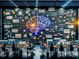 Futuristischer Arbeitsplatz: diverses Marketingteam vor holografischen Datenströmen, KI-Analytics und Chatoberflächen; ein neuronales Netzwerk verbindet CRM, CDP, PIM und Ad-Plattformen, mit Fokus auf KPIs und Sicherheit.