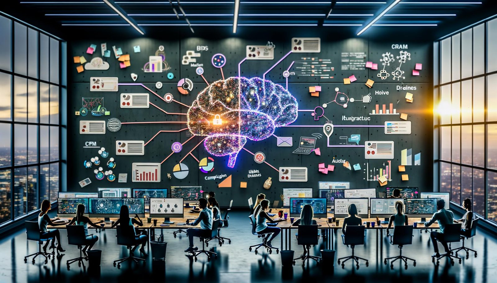 Futuristischer Arbeitsplatz: diverses Marketingteam vor holografischen Datenströmen, KI-Analytics und Chatoberflächen; ein neuronales Netzwerk verbindet CRM, CDP, PIM und Ad-Plattformen, mit Fokus auf KPIs und Sicherheit.