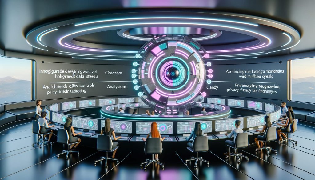 Futuristischer Marketing-Kontrollraum mit holografischen Charts und leuchtenden Dashboards; zentraler KI-Kern in Pastelltönen steuert Content, CRM, Analytics, Media und datenschutzkonforme Tags; Team arbeitet koordiniert.