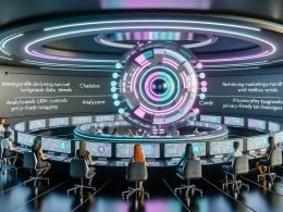 Futuristischer Marketing-Kontrollraum mit holografischen Charts und leuchtenden Dashboards; zentraler KI-Kern in Pastelltönen steuert Content, CRM, Analytics, Media und datenschutzkonforme Tags; Team arbeitet koordiniert.