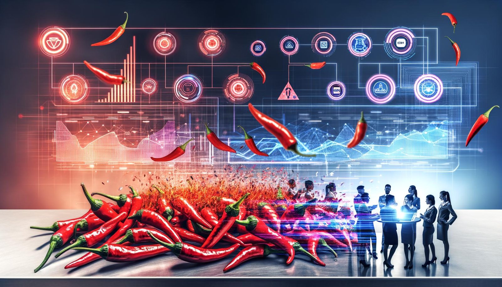 Küchenlabor-Visual: rote Chilis mit Mikrochips und Leiterplatten; Marketer an leuchtenden Dashboards; KI-Icons LLMs, RAG, MLOps; Neon: Performance, Personalisierung, Sicherheit, Attribution.