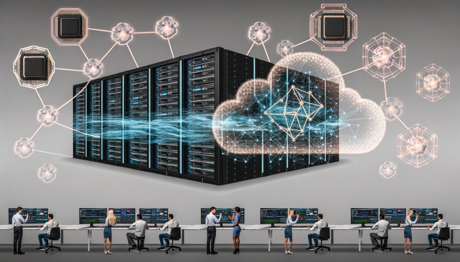 Futuristisches Rechenzentrum mit Cloud‑Symbolen und Netzwerkknoten, verbunden durch leuchtende Datenströme; vorn regulatorische Schutzschilde, Chips und Datentresore; Teams überwachen GPU‑Nutzung und Modellleistung.