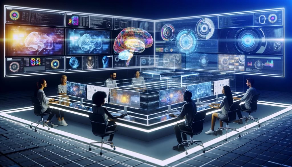 Futuristischer KI-Arbeitsplatz: Diverses Kreativteam am ultramodernen Tisch vor leuchtenden Monitoren und Hologrammen mit Text-to-Video/Image-to-Video-Timelines, neuronalen Netzen, Storyboards, CFG-Scale und Render-Einstellungen; Code und Marketing-Visuals im Hintergrund.