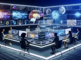 Futuristischer KI-Arbeitsplatz: Diverses Kreativteam am ultramodernen Tisch vor leuchtenden Monitoren und Hologrammen mit Text-to-Video/Image-to-Video-Timelines, neuronalen Netzen, Storyboards, CFG-Scale und Render-Einstellungen; Code und Marketing-Visuals im Hintergrund.