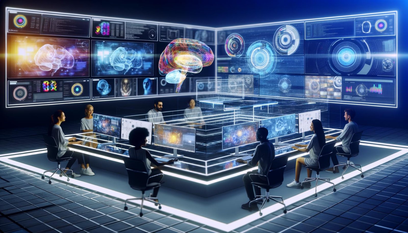 Futuristischer KI-Arbeitsplatz: Diverses Kreativteam am ultramodernen Tisch vor leuchtenden Monitoren und Hologrammen mit Text-to-Video/Image-to-Video-Timelines, neuronalen Netzen, Storyboards, CFG-Scale und Render-Einstellungen; Code und Marketing-Visuals im Hintergrund.